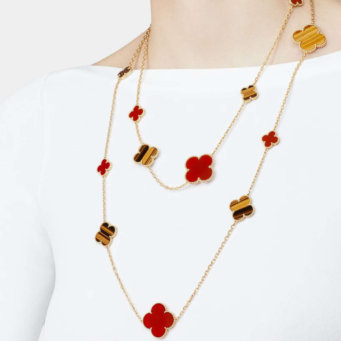 Magic Alhambra Long Necklace 16 Motifs in Yellow Gold
