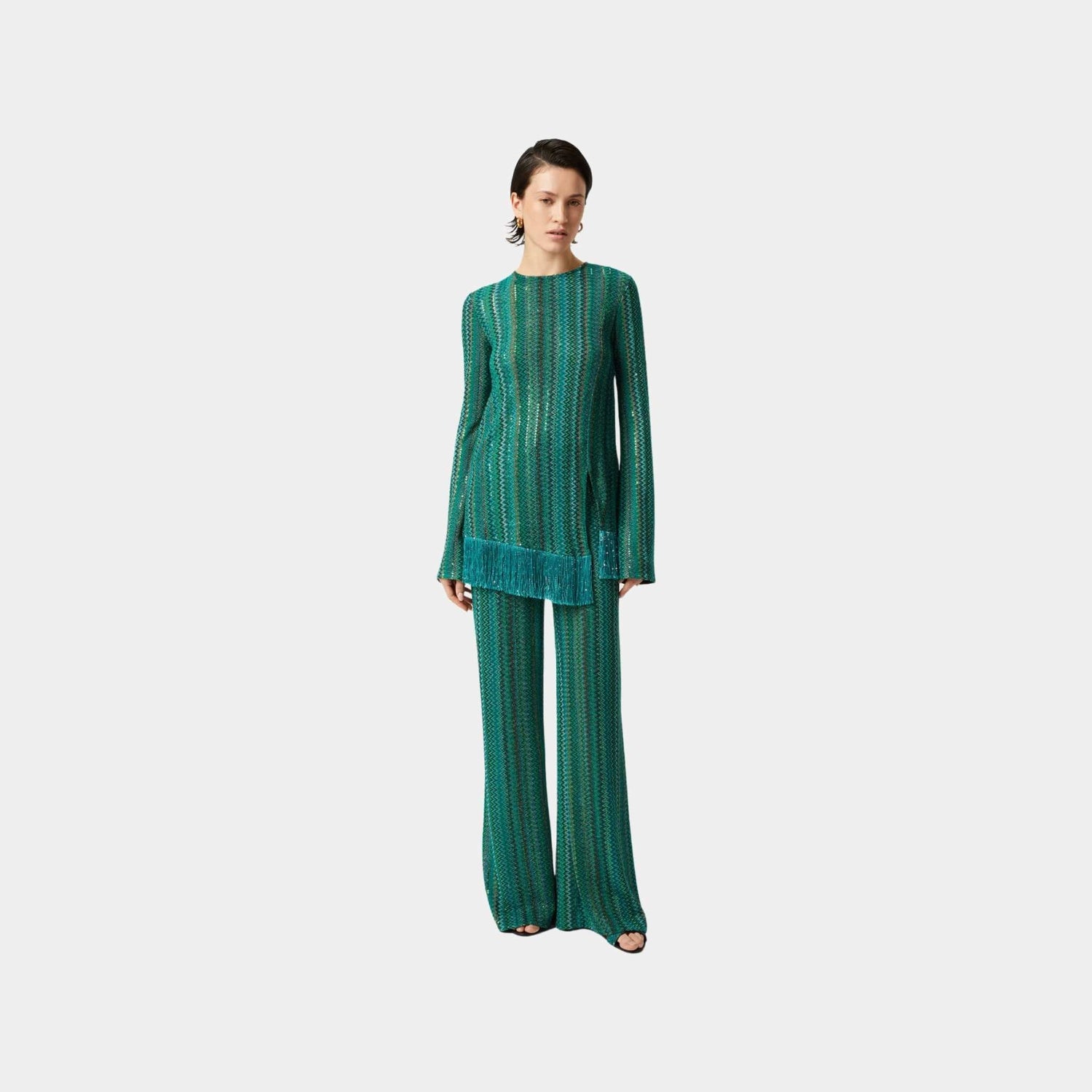 Flare Trousers In Zigzag Viscose Blend With Sequins
