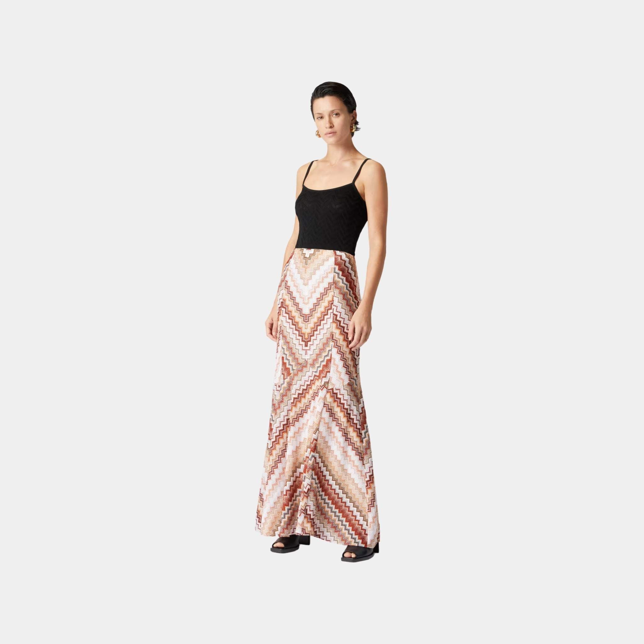 Long Flared Skirt With Lame Serrated Zigzag Pattern
