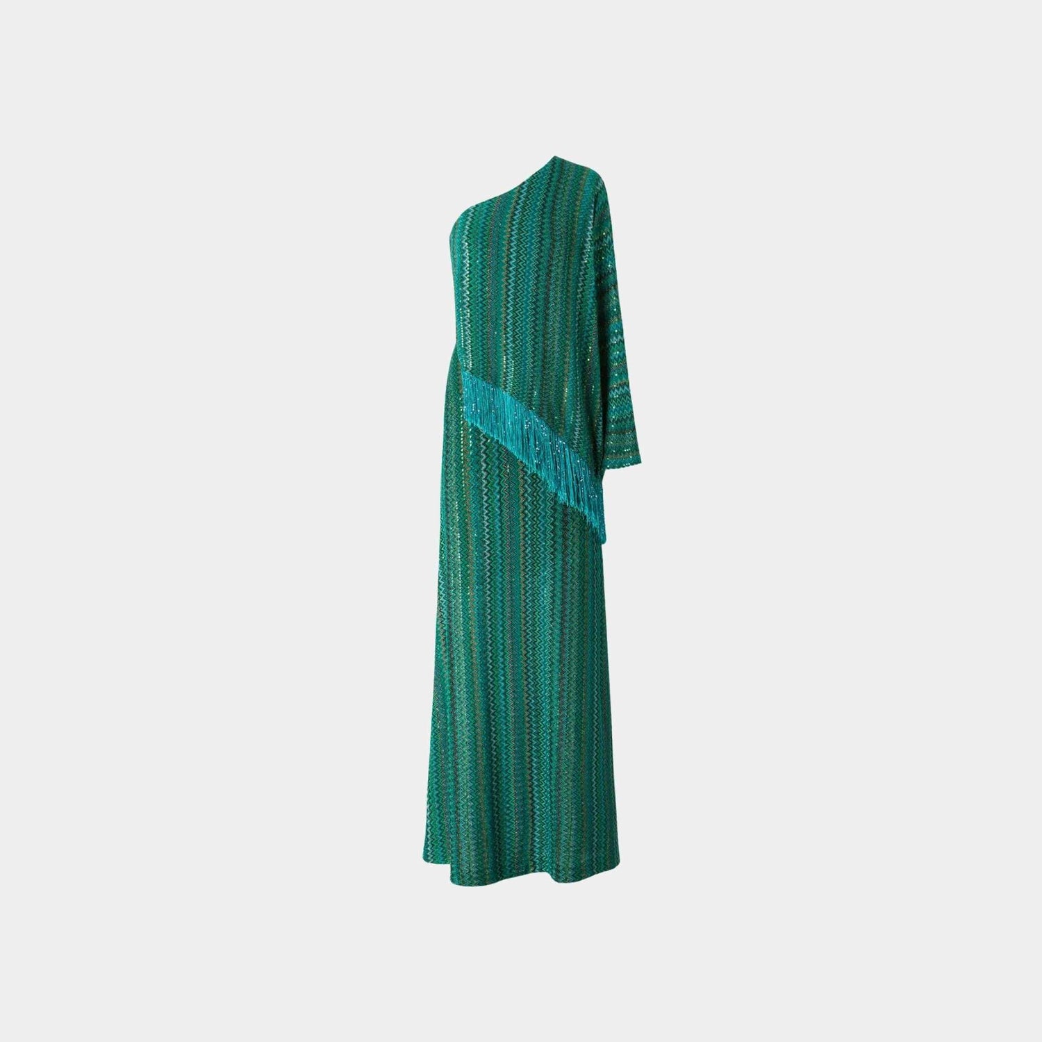 Long One Shoulder Zigzag Dress With Sequins And Fringes