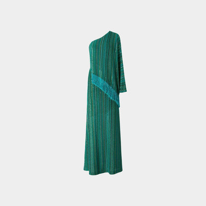 Long One Shoulder Zigzag Dress With Sequins And Fringes