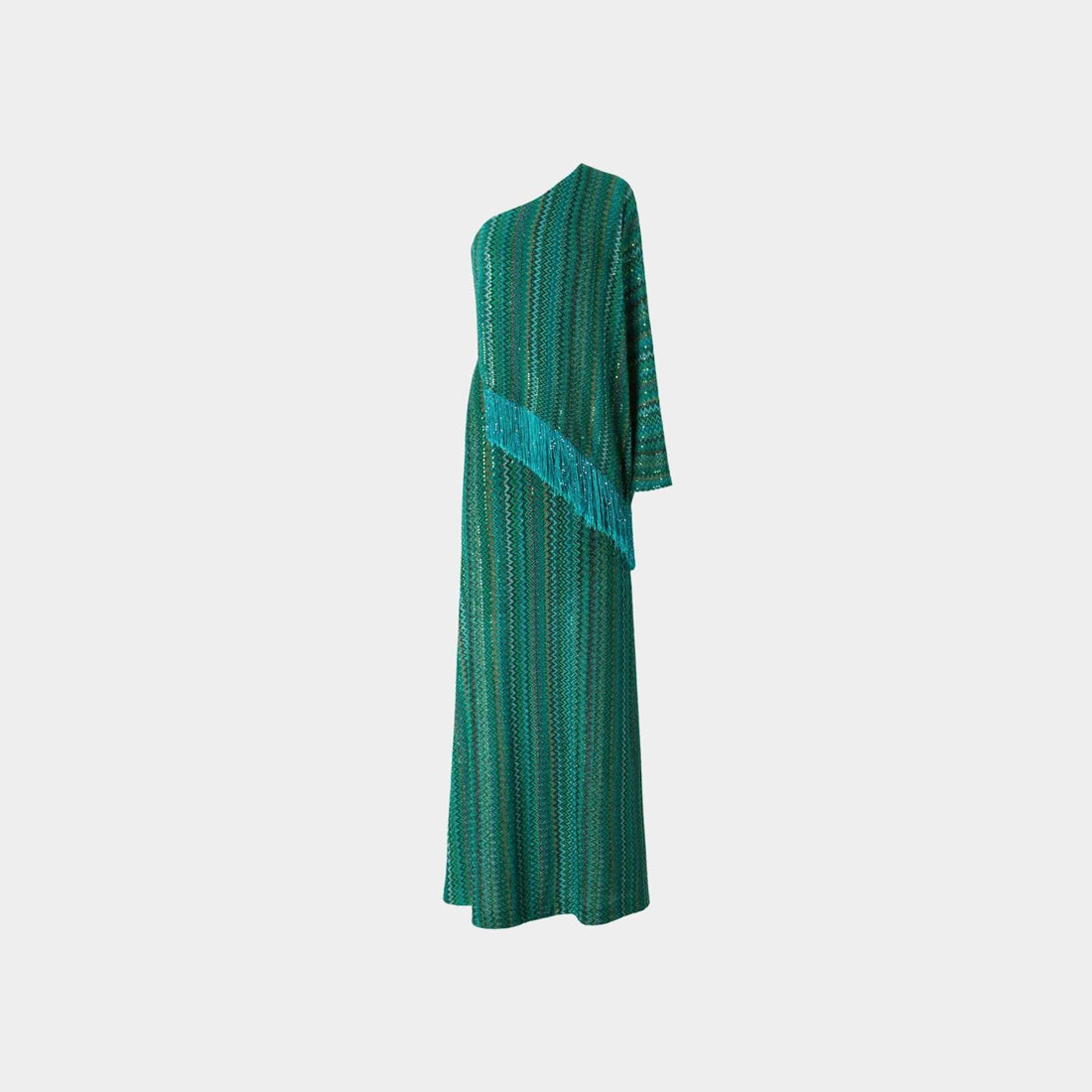 Long One Shoulder Zigzag Dress With Sequins And Fringes