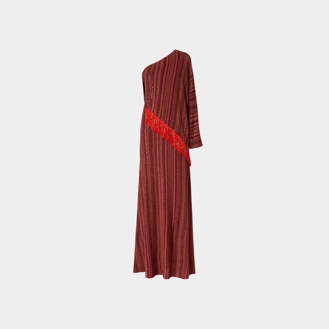 Long One Shoulder Zigzag Dress With Sequins And Fringes