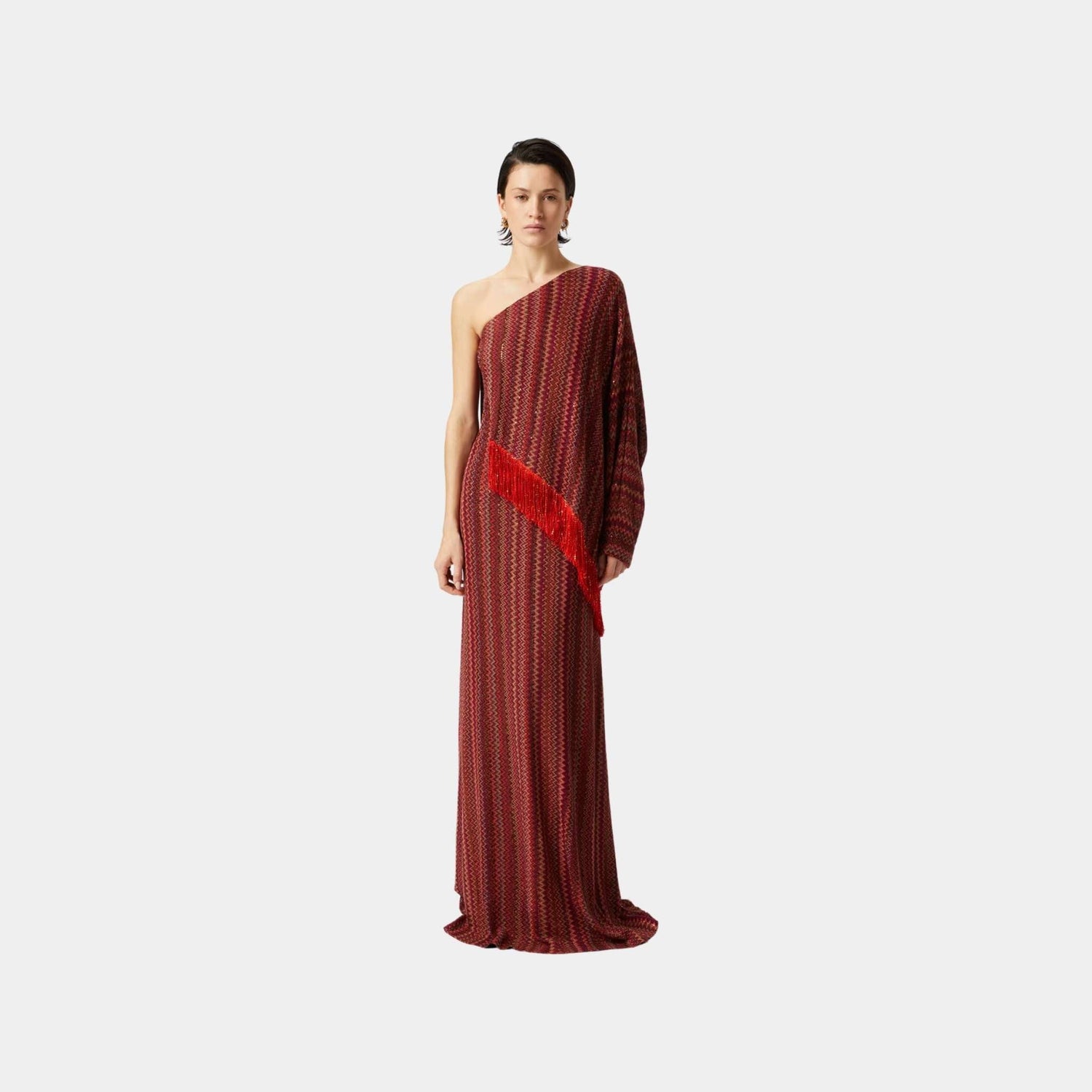 Long One Shoulder Zigzag Dress With Sequins And Fringes