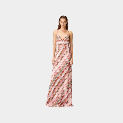 Long Patchwork Dress With Zigzag Pattern And Crossed Straps