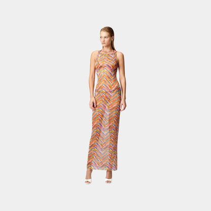 Long Sleeveless Dress In Printed Tulle