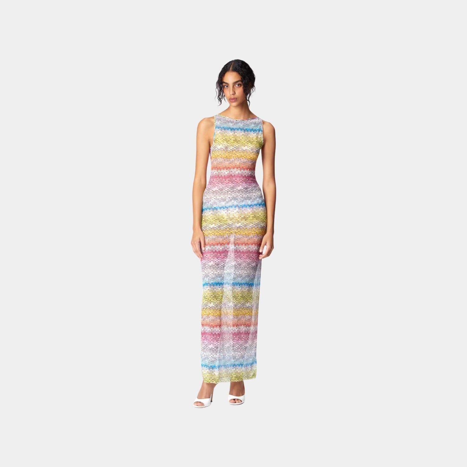 Long Sleeveless Dress In Printed Tulle