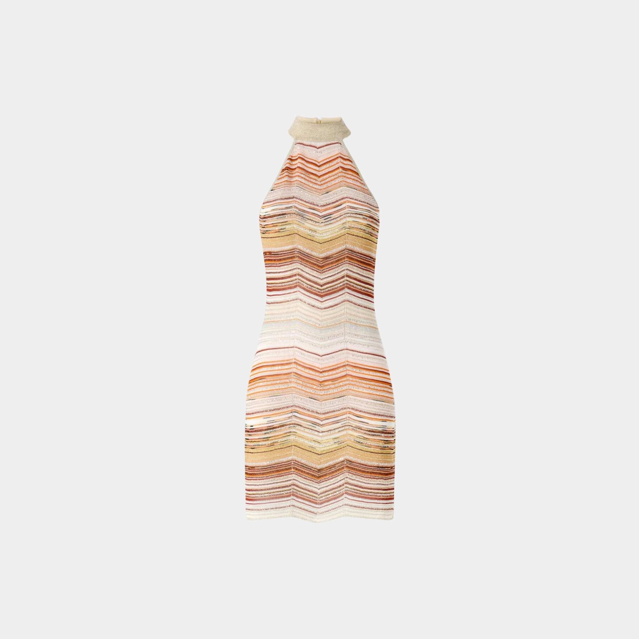 Short Sleeveless Chevron Lame Dress With Halter Neckline