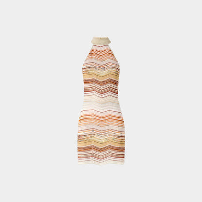 Short Sleeveless Chevron Lame Dress With Halter Neckline
