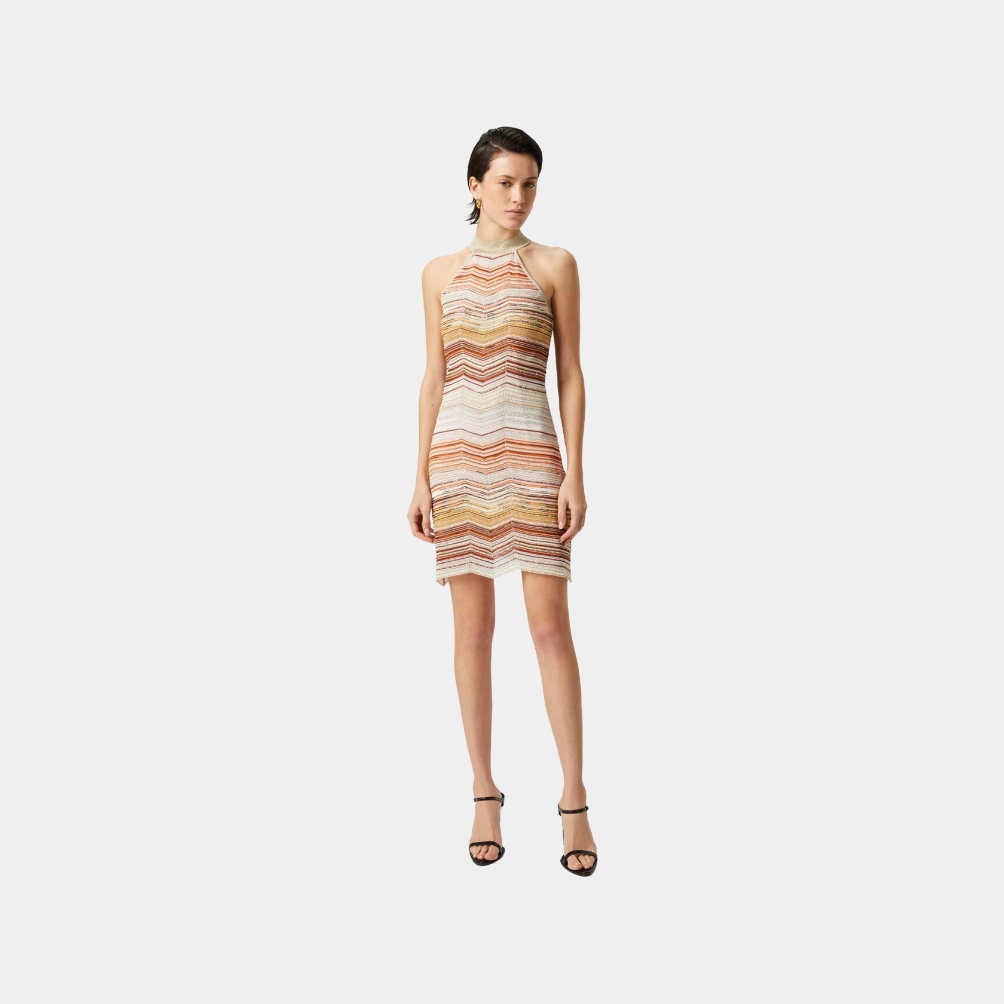 Short Sleeveless Chevron Lame Dress With Halter Neckline