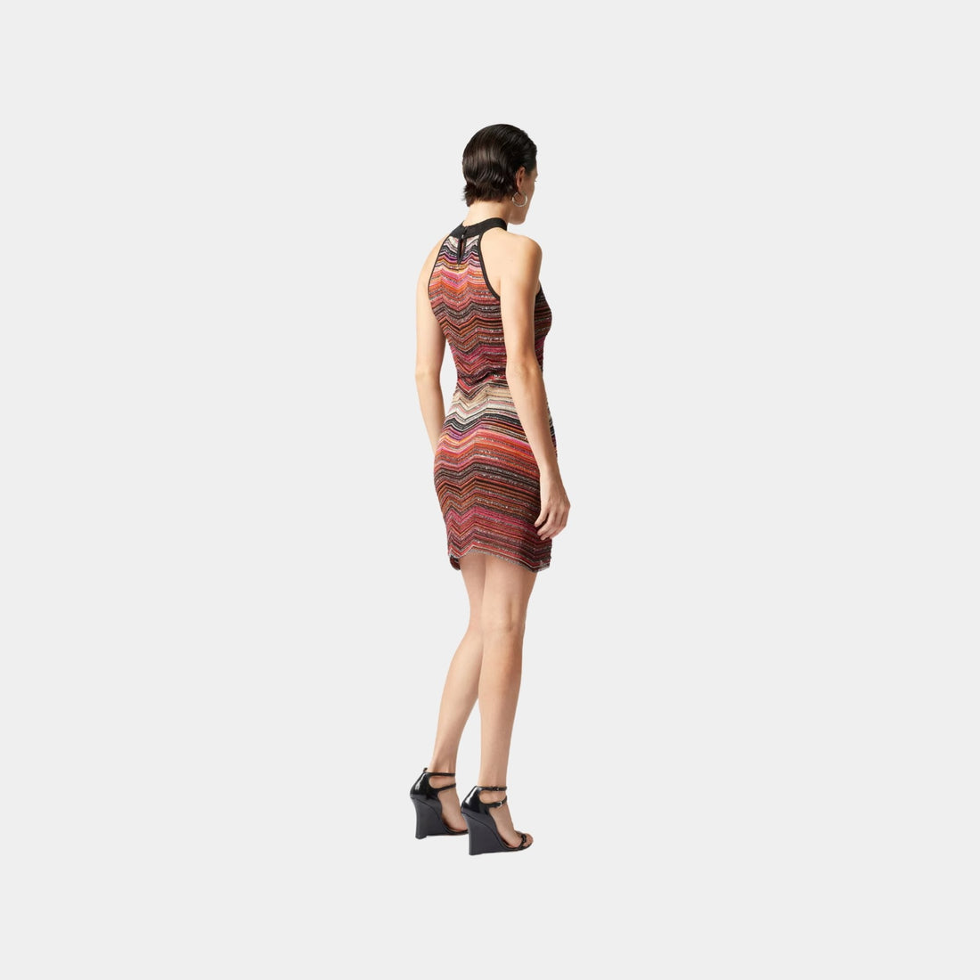 Short Sleeveless Chevron Lame Dress With Halter Neckline