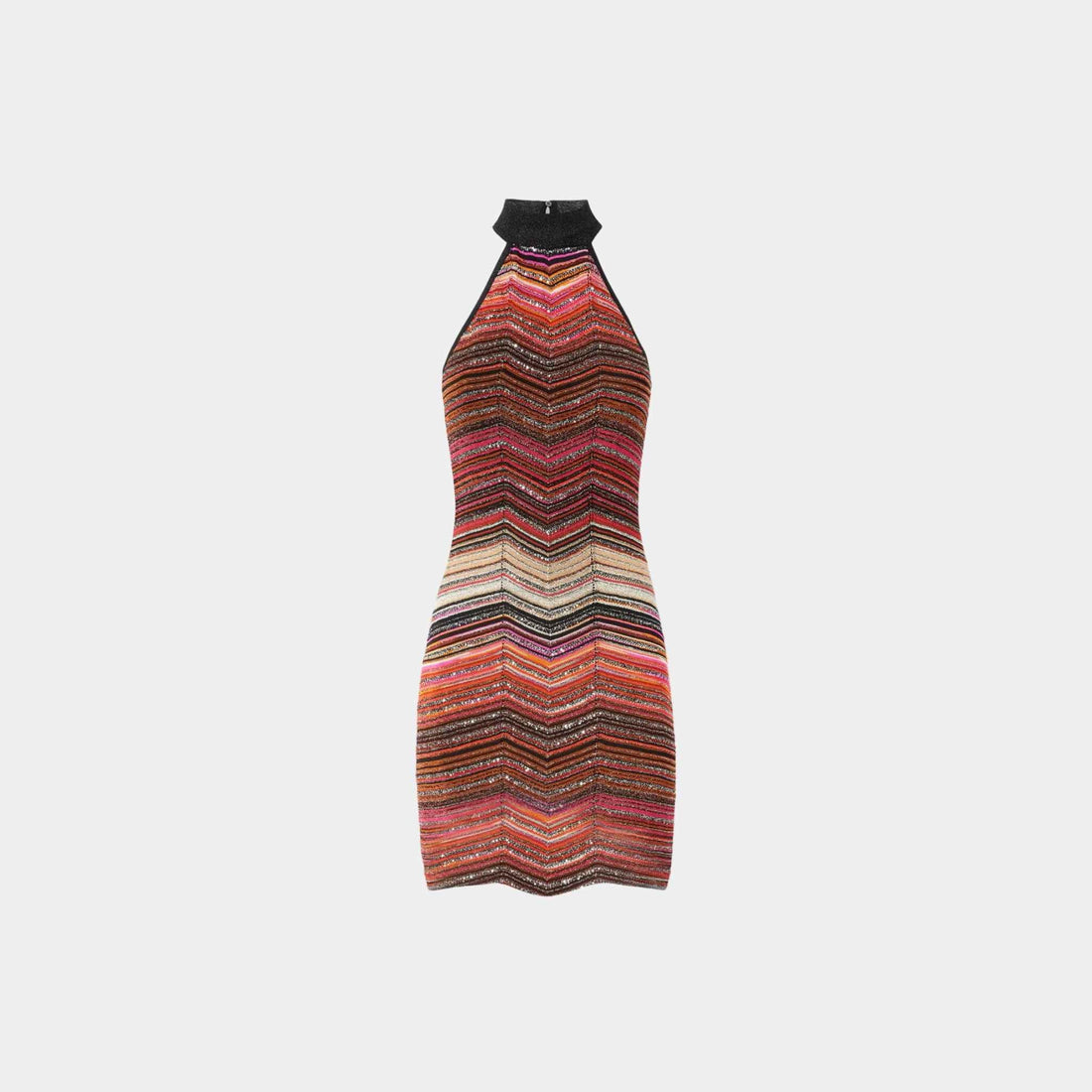 Short Sleeveless Chevron Lame Dress With Halter Neckline