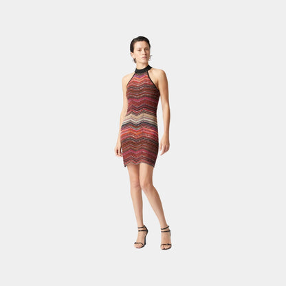 Short Sleeveless Chevron Lame Dress With Halter Neckline