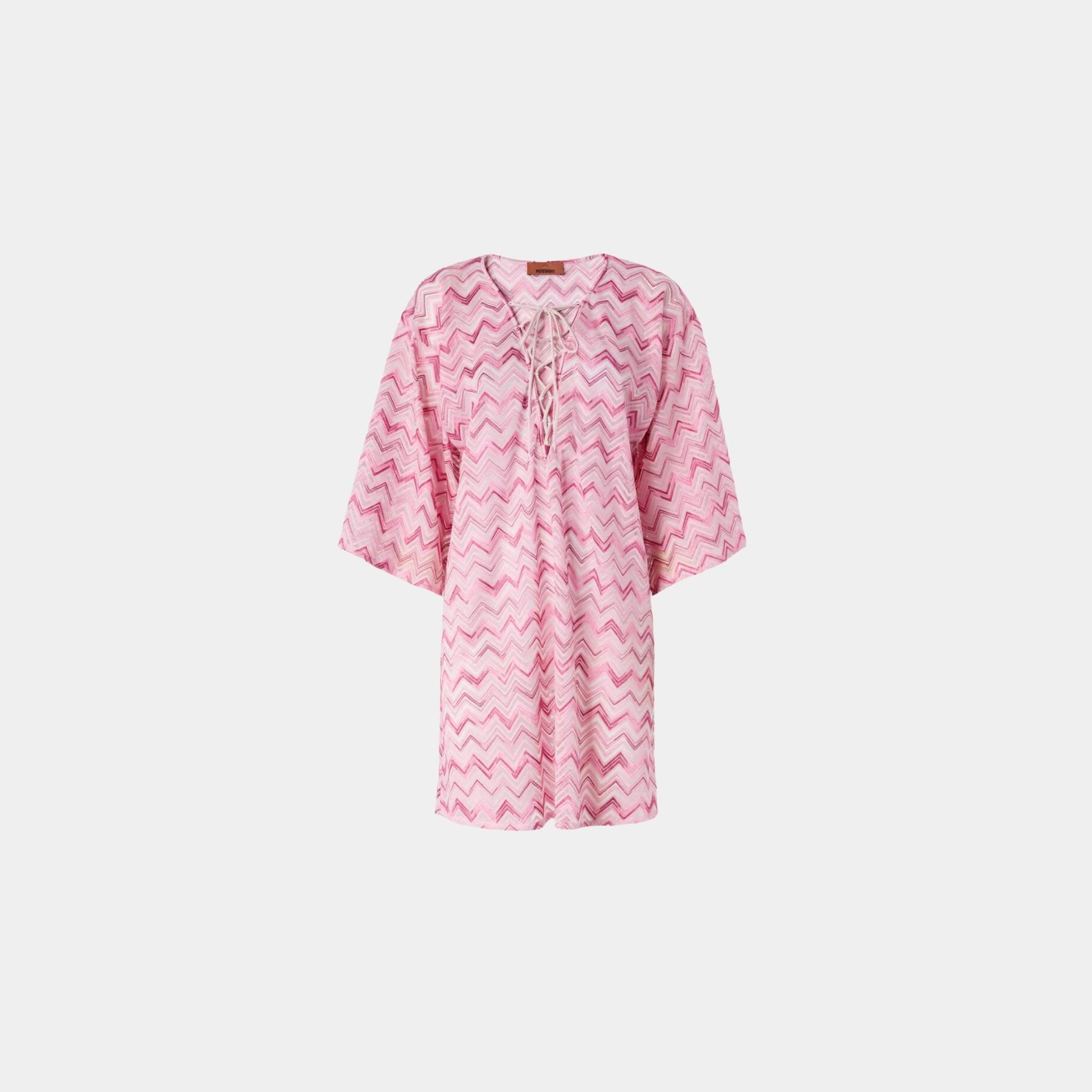 Short Viscose Blend Tulle Kaftan With Slub Zigzag