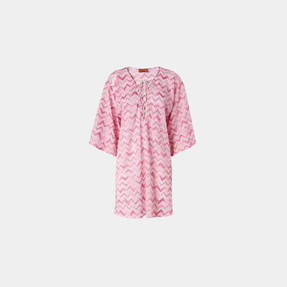 Short Viscose Blend Tulle Kaftan With Slub Zigzag