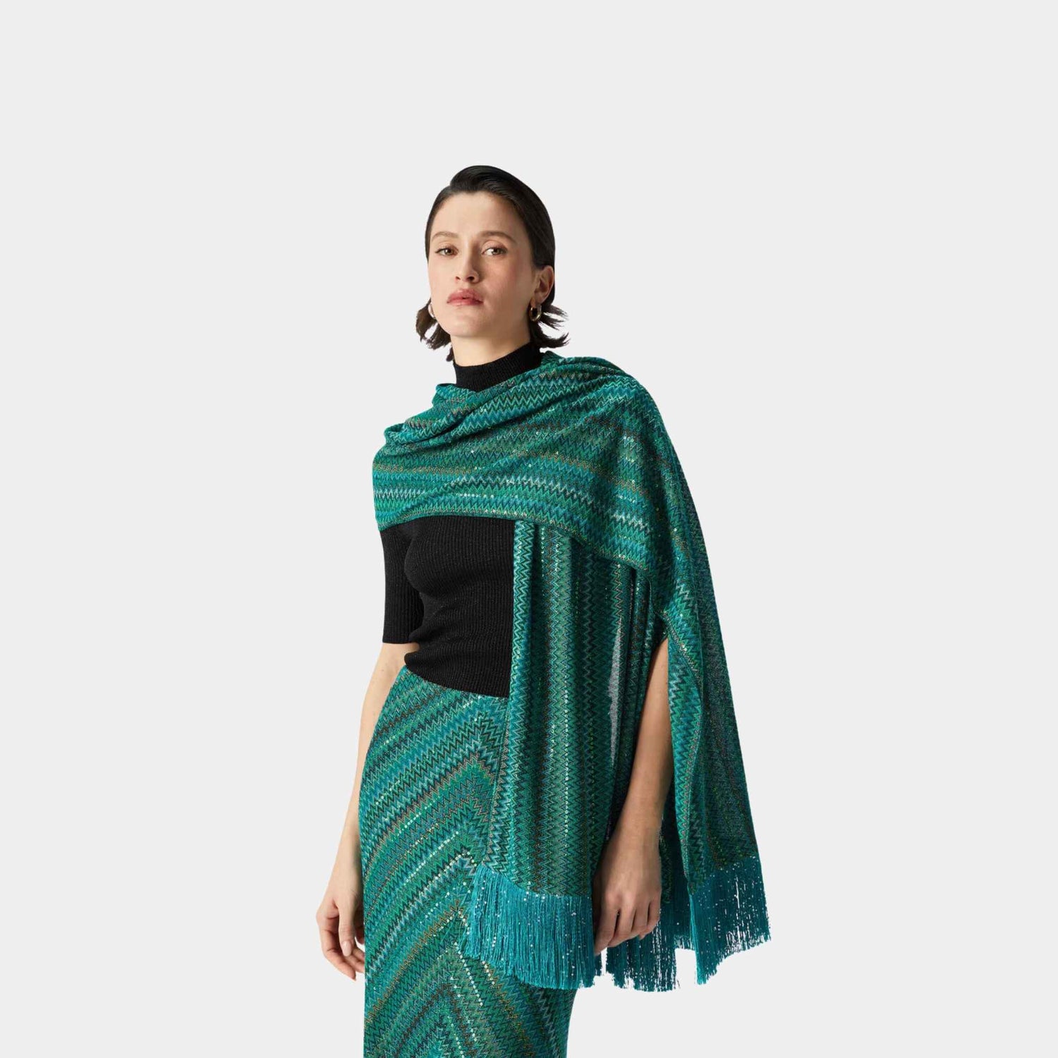 Viscose Stole In Zigzag Lame With Sequins And Fringes