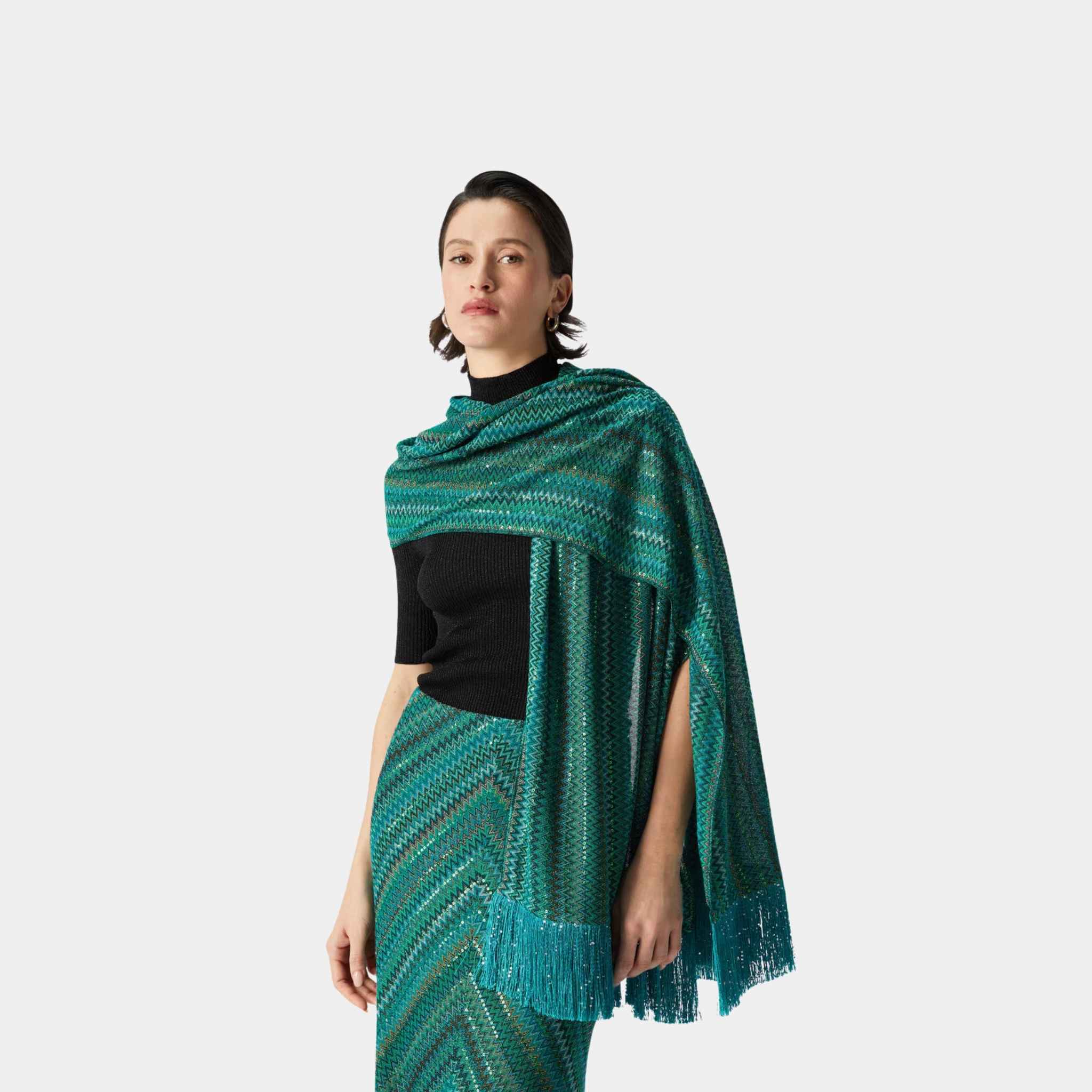 Viscose Stole In Zigzag Lame With Sequins And Fringes
