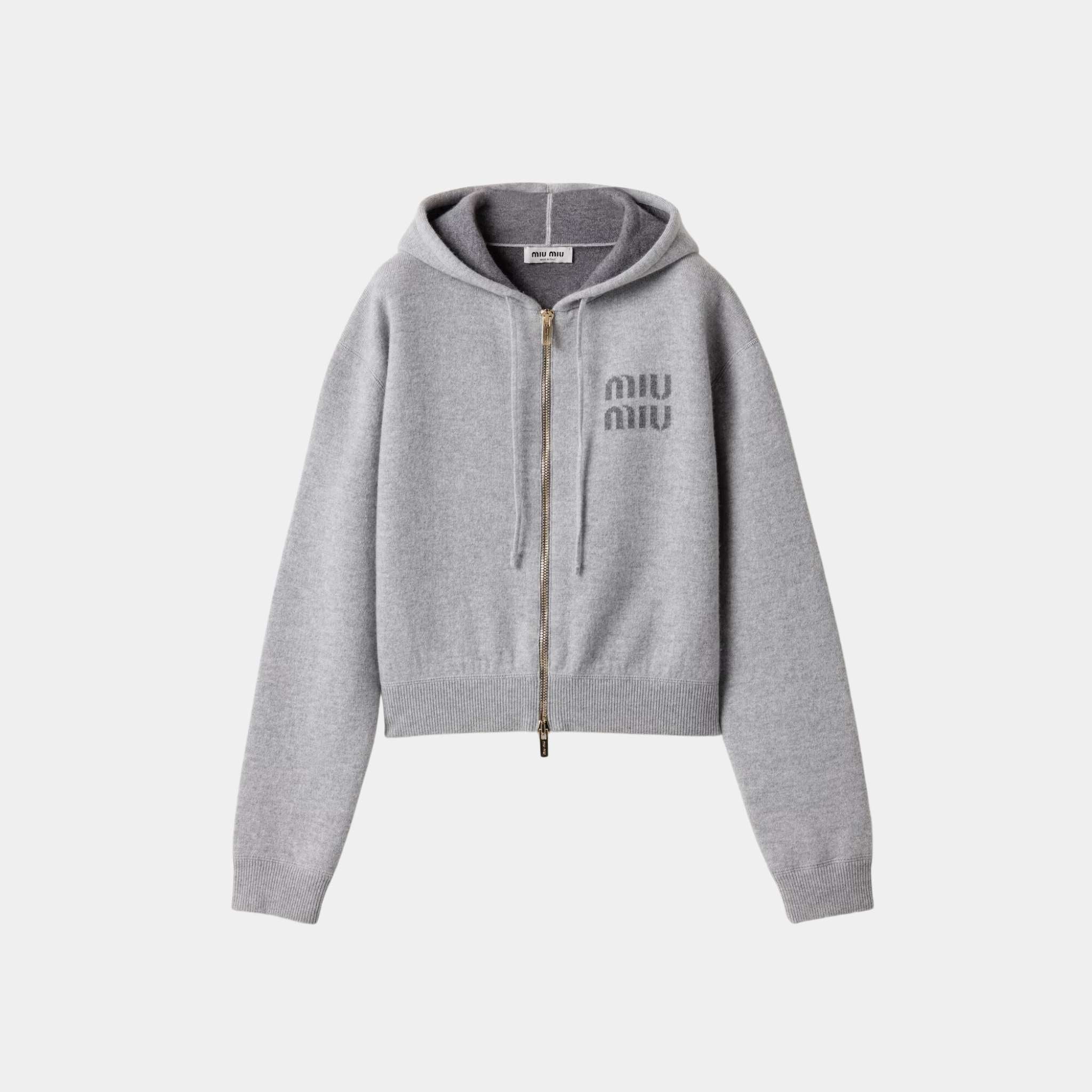 Double Cashmere Zipper Hoodie Cardigan Grey