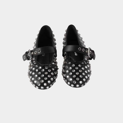 Leather Ballerinas With Artificial Crystals