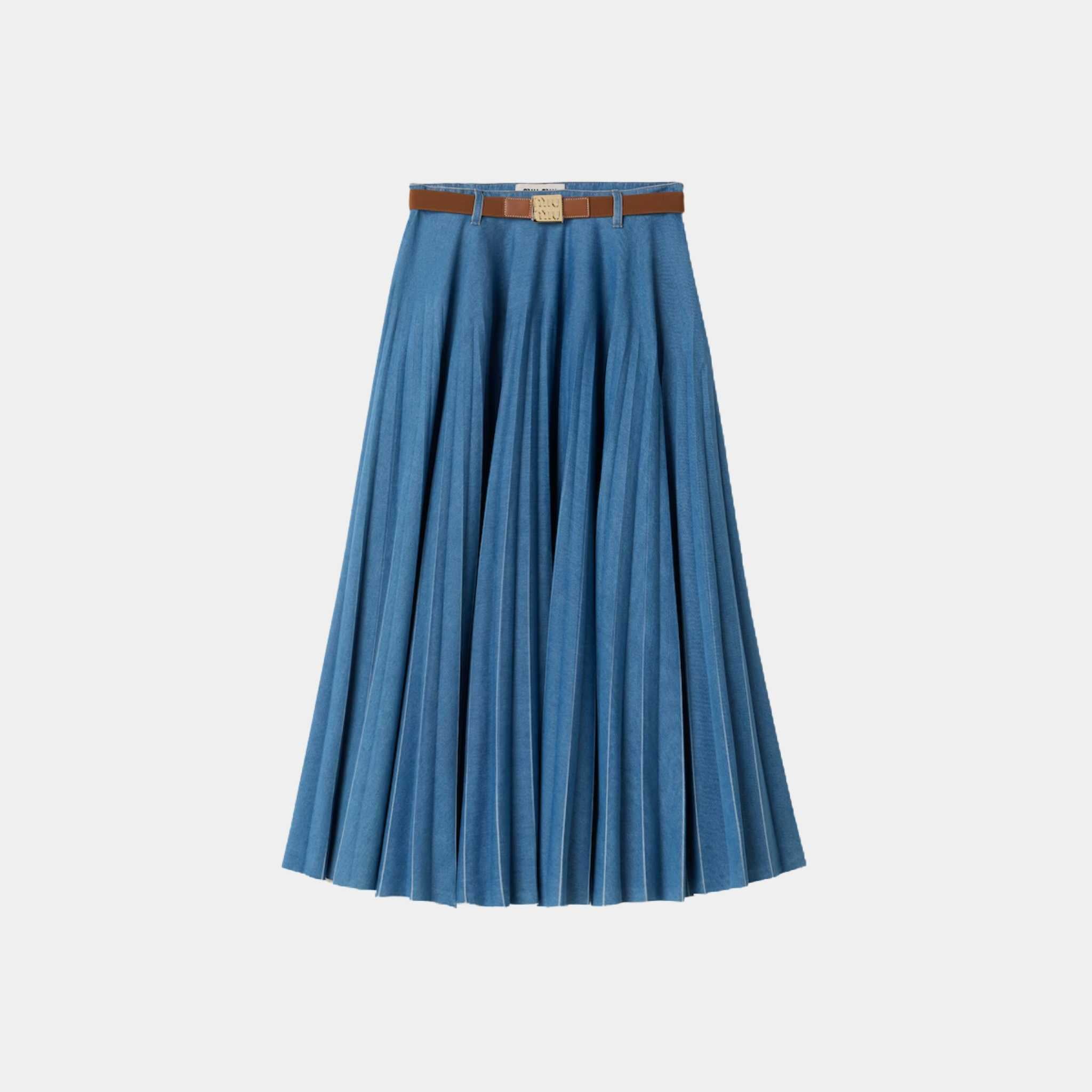Pleated Denim Skirt With Belt