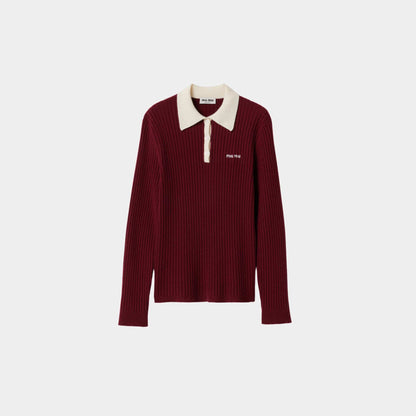 Ribbed Cashmere Polo Shirt Amaranth Natural