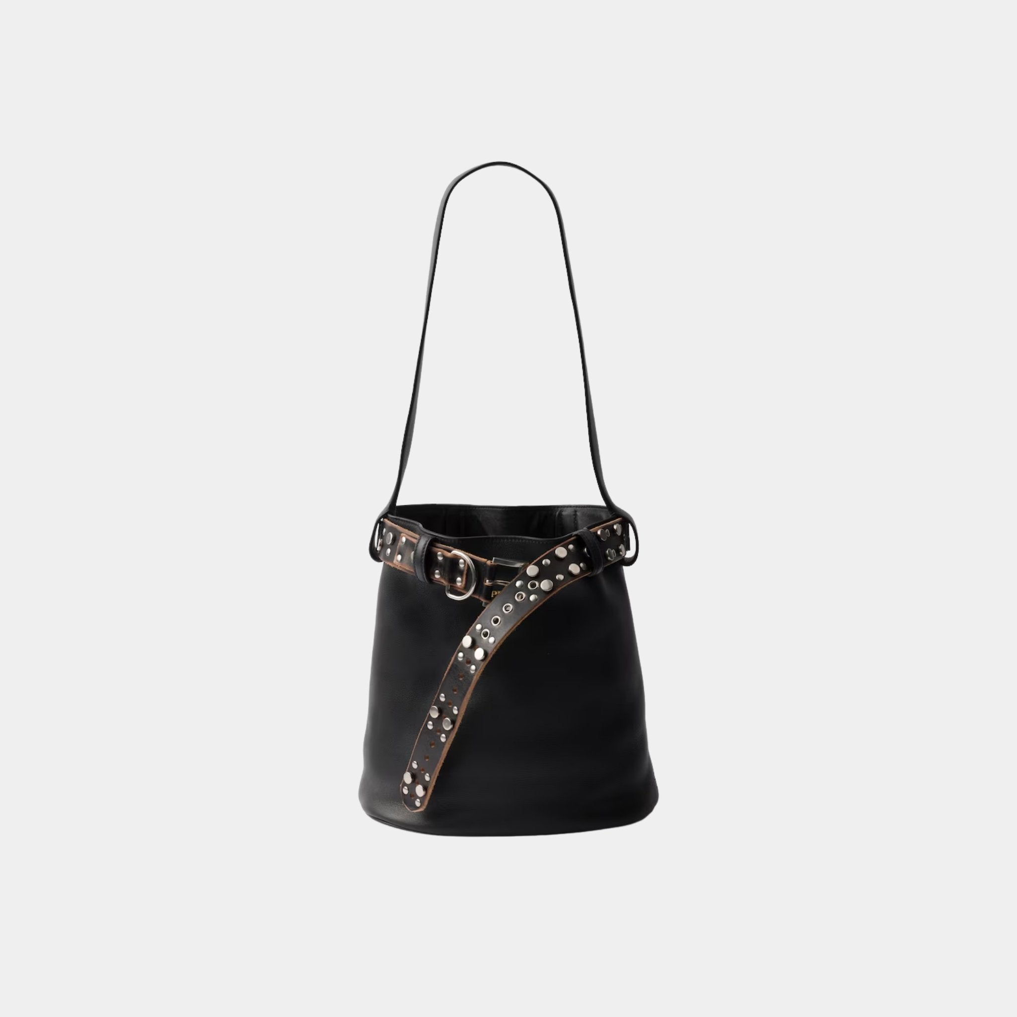Buckle Leather Bucket Bag With Studded Belt
