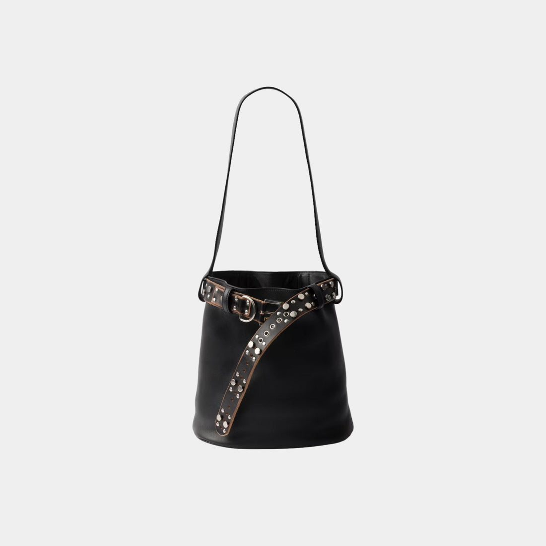 Buckle Leather Bucket Bag With Studded Belt