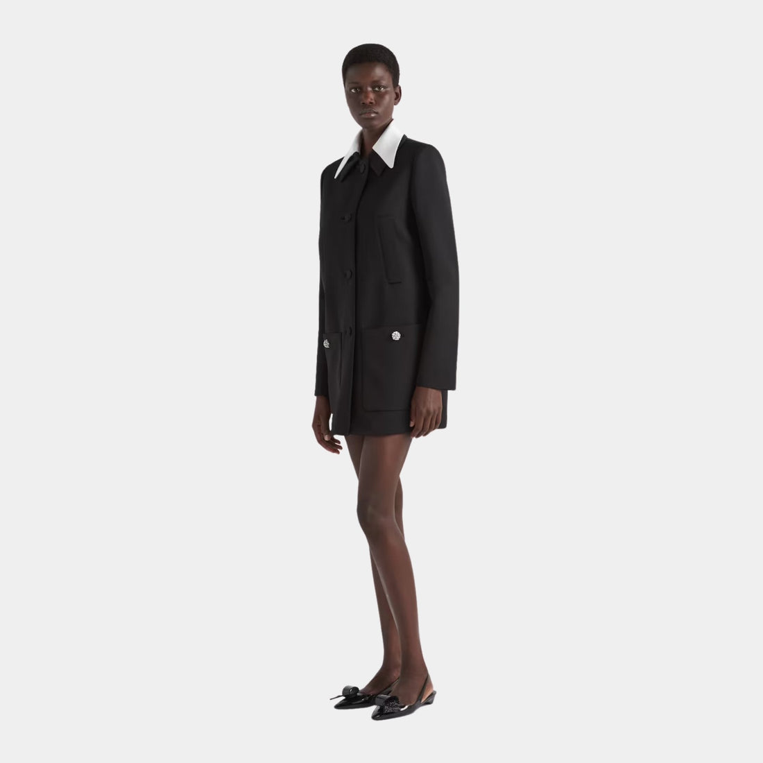Singled-breasted Wool Sateen Coat with Collar