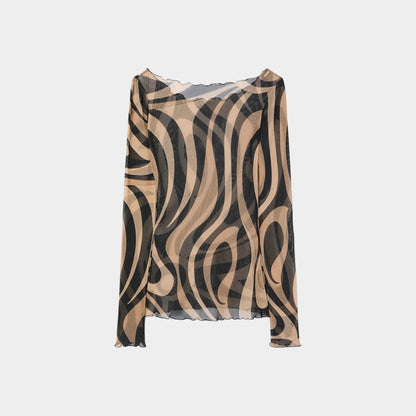 Marmo Print Tulle Top With Boat Neckline