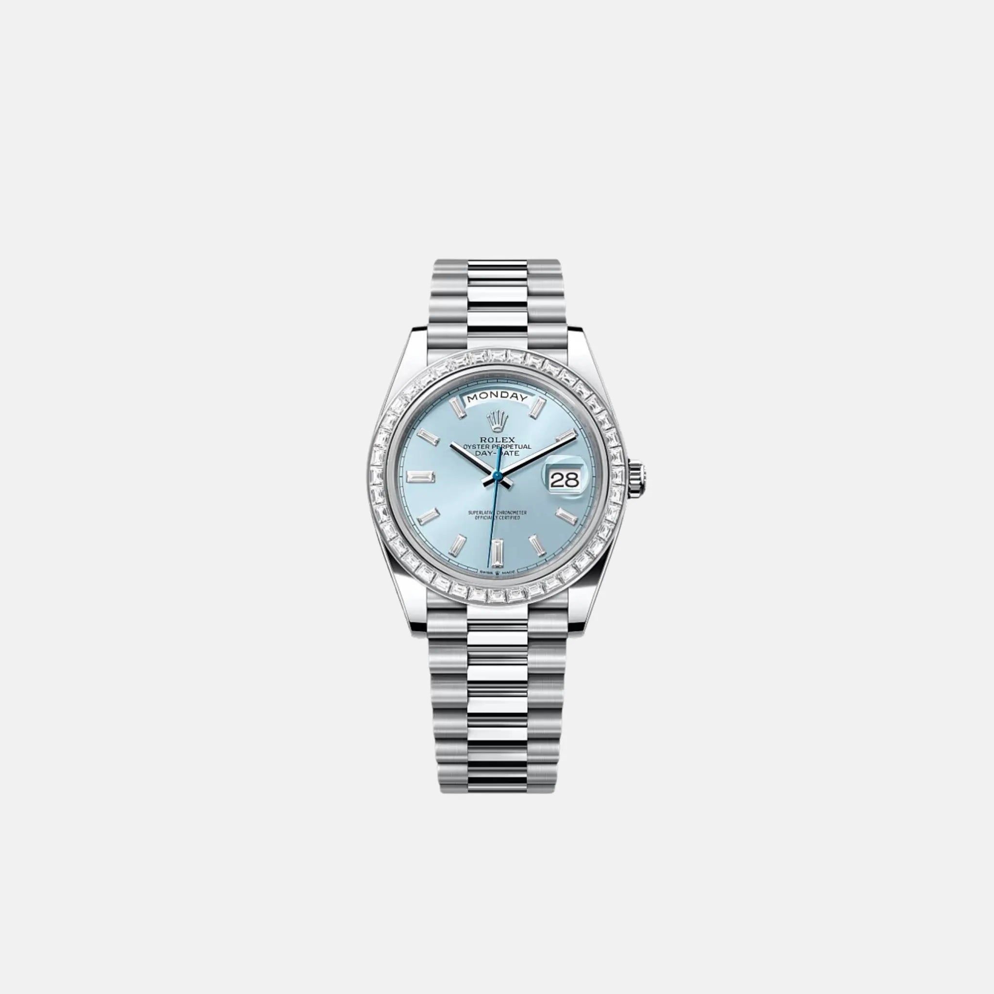Day-Date 40 228396TBR Platinum Ice Blue Dial Baguette Bezel