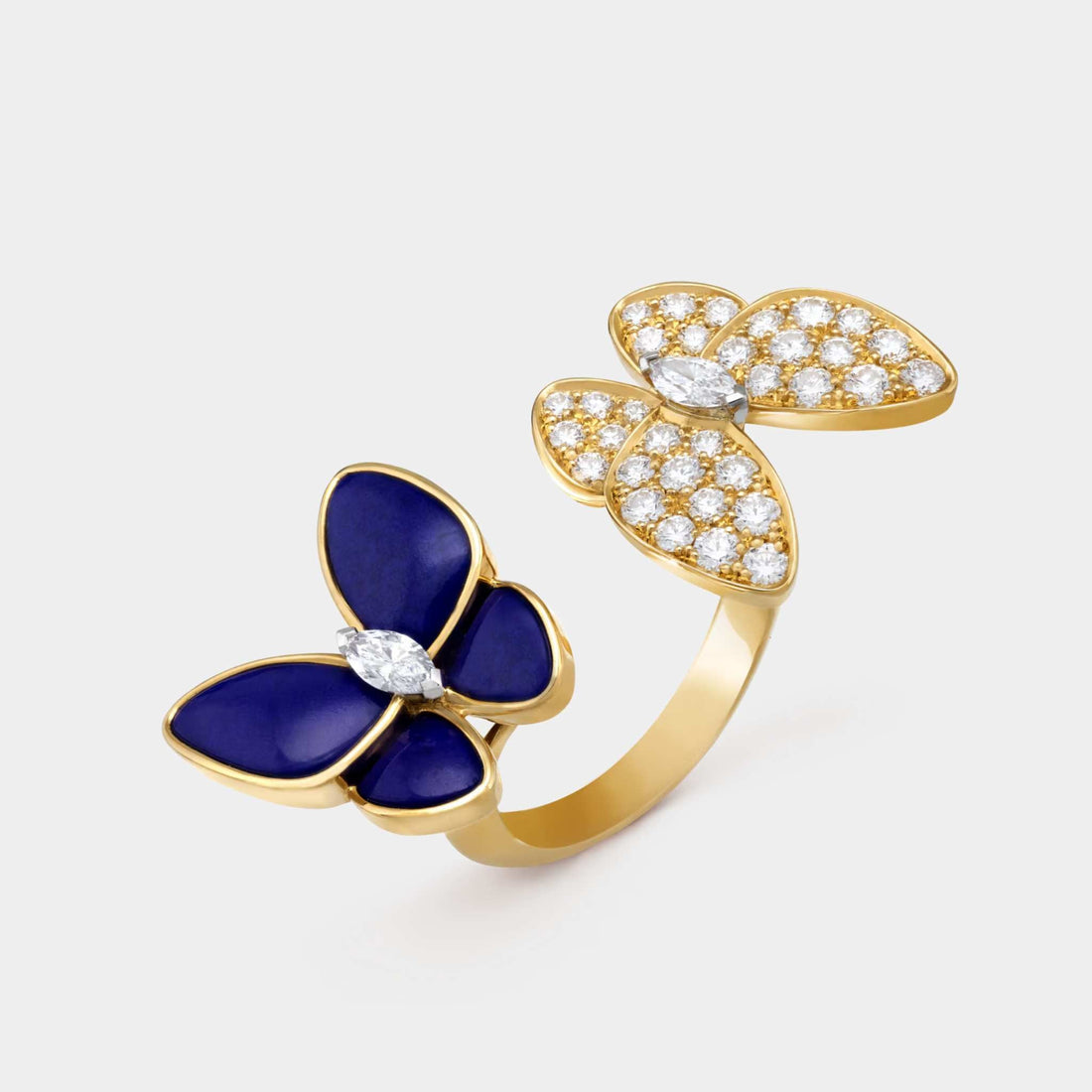 Two Butterfly Ring in Yellow Gold Diamond &amp; Lapis Lazuli
