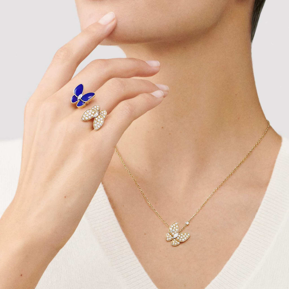 Two Butterfly Ring in Yellow Gold Diamond &amp; Lapis Lazuli