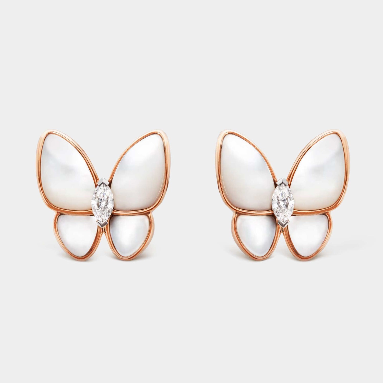 Two Butterfly Earrings Rose Gold Diamond Pearl