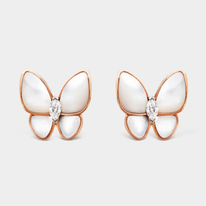 Two Butterfly Earrings Rose Gold Diamond Pearl