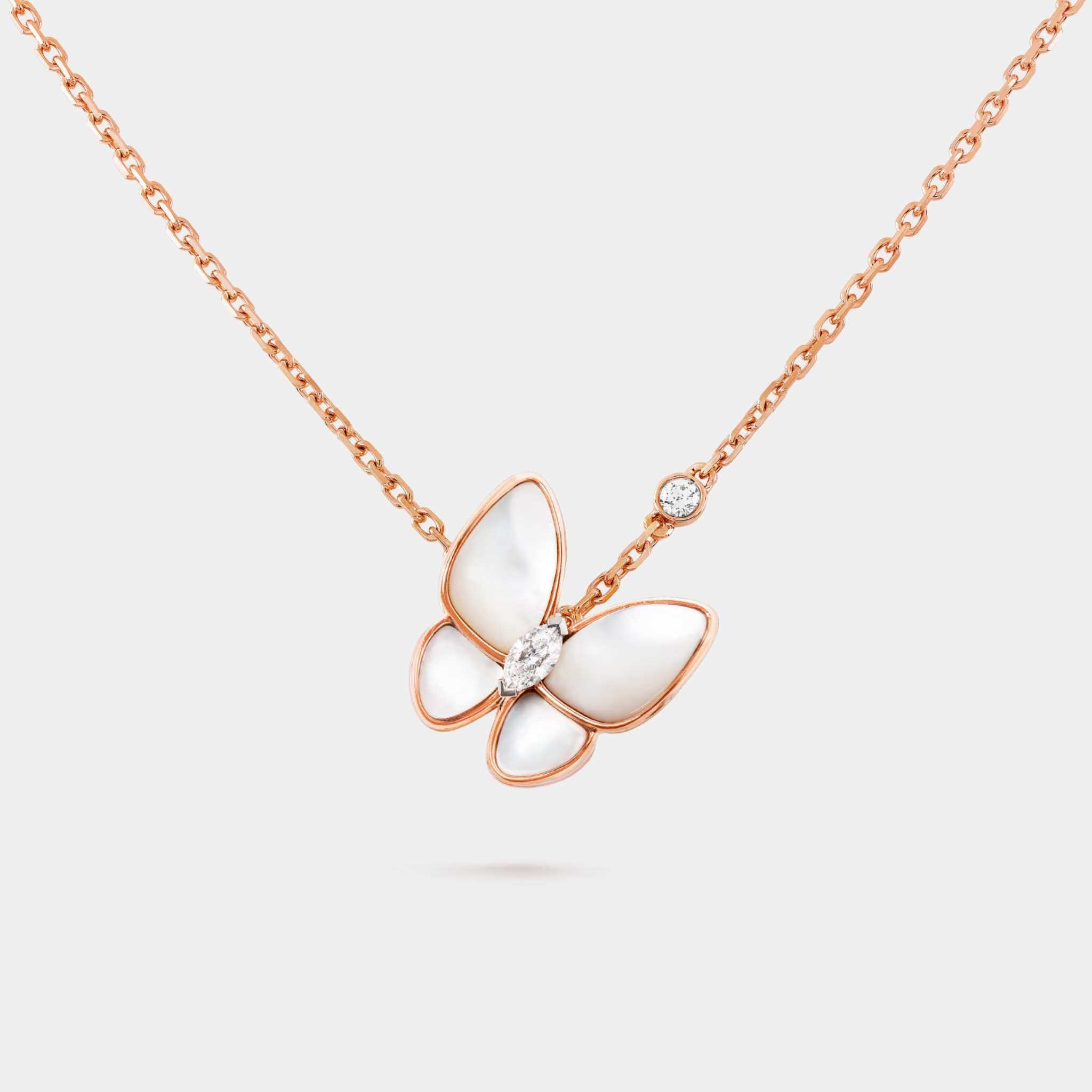 Two Butterfly Pendant in Rose Gold Diamond &amp; Pearl