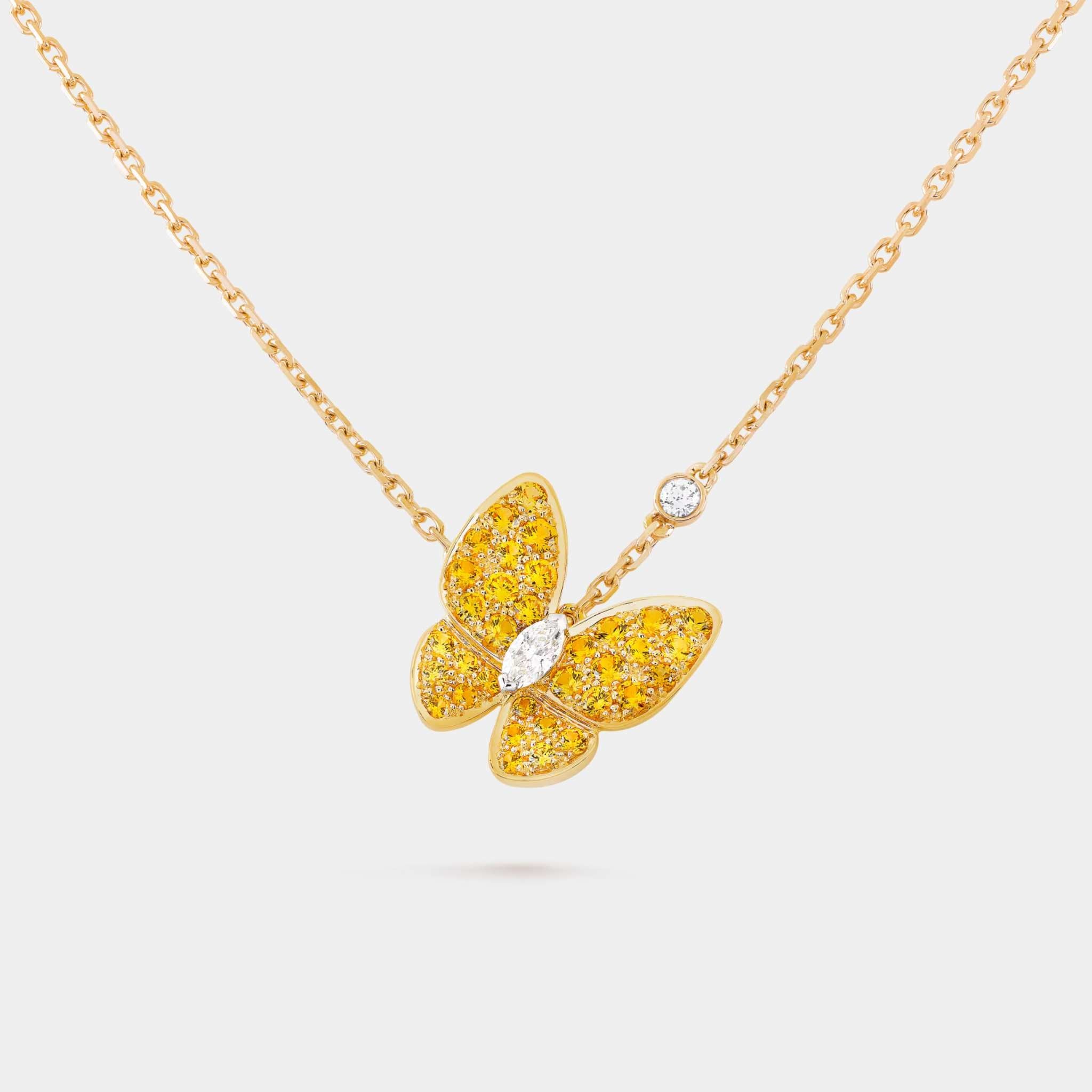 Two Butterfly Pendant Yellow Gold Diamond Sapphire
