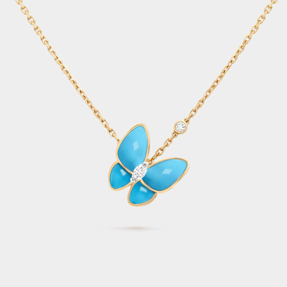 Two Butterfly Pendant in Yellow Gold Diamond &amp; Turquoise