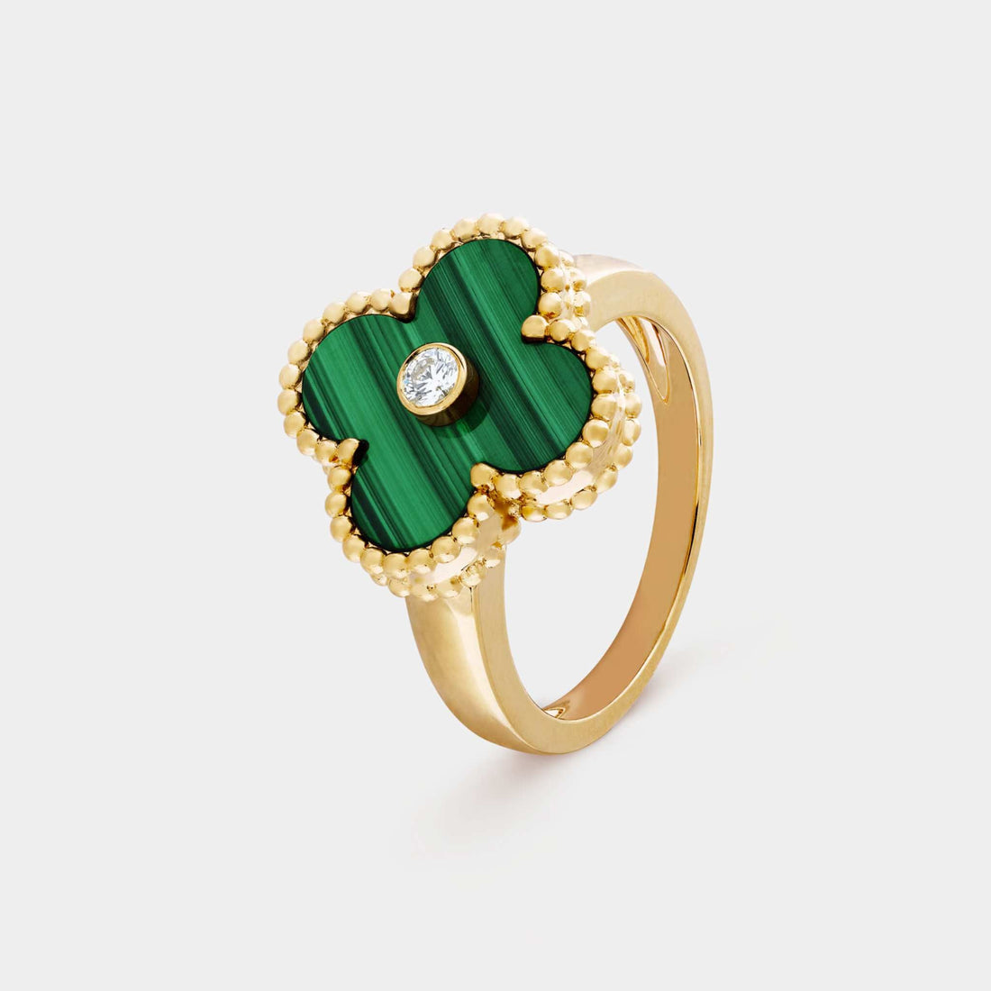 Vintage Alhambra Ring Yellow Gold Diamond &amp; Malachite
