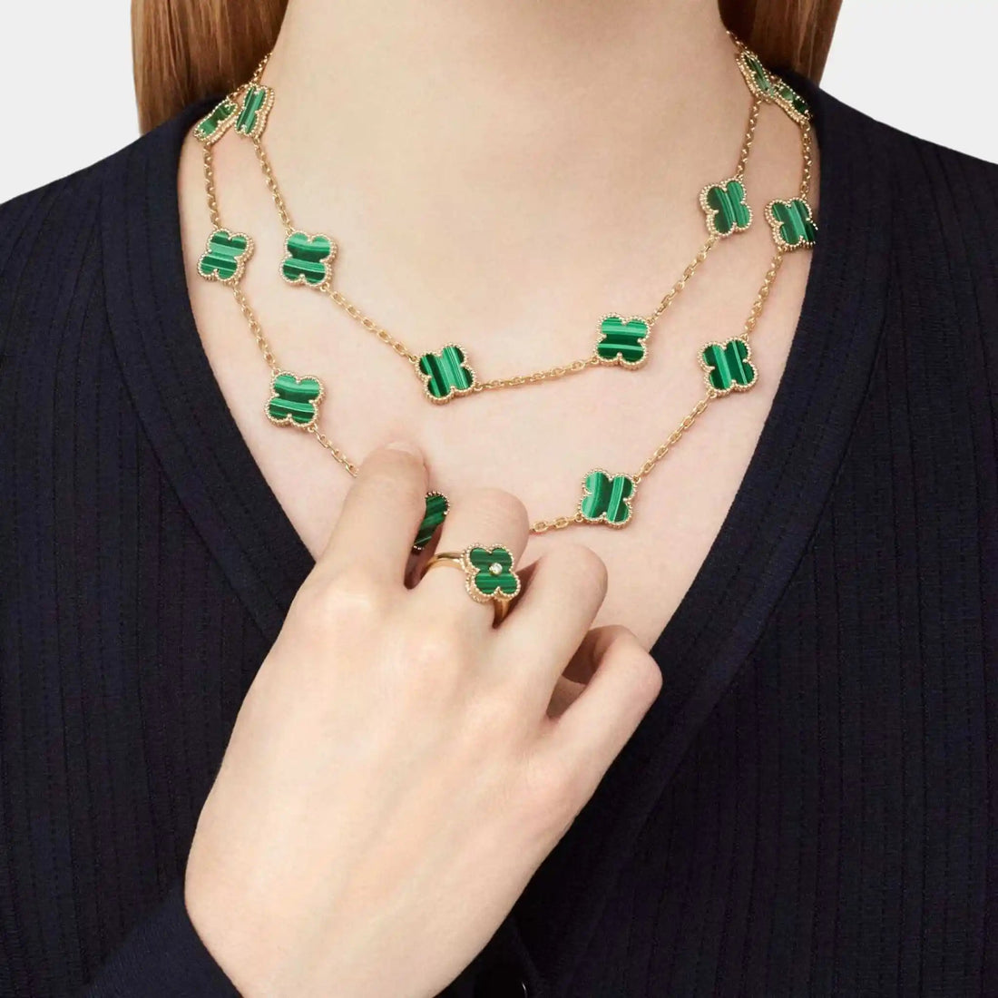 Vintage Alhambra Ring Yellow Gold Diamond &amp; Malachite