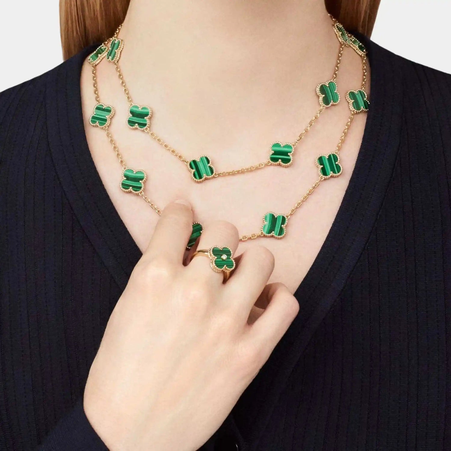 Vintage Alhambra Ring Yellow Gold Diamond &amp; Malachite
