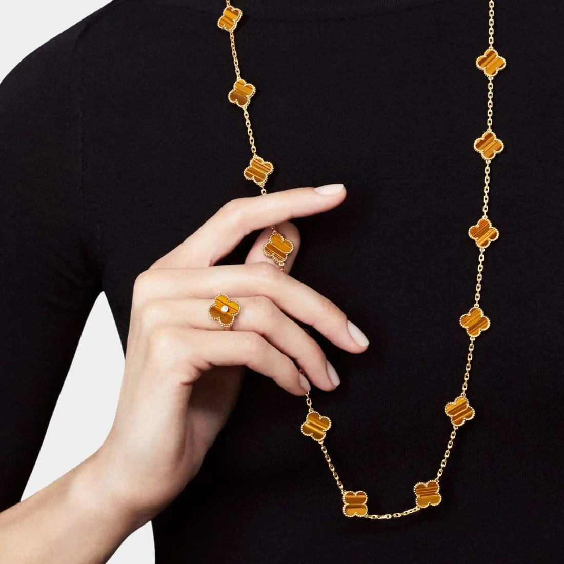Van Cleef Vintage Alhambra Ring Yellow Gold Diamond &amp; Tiger Eye