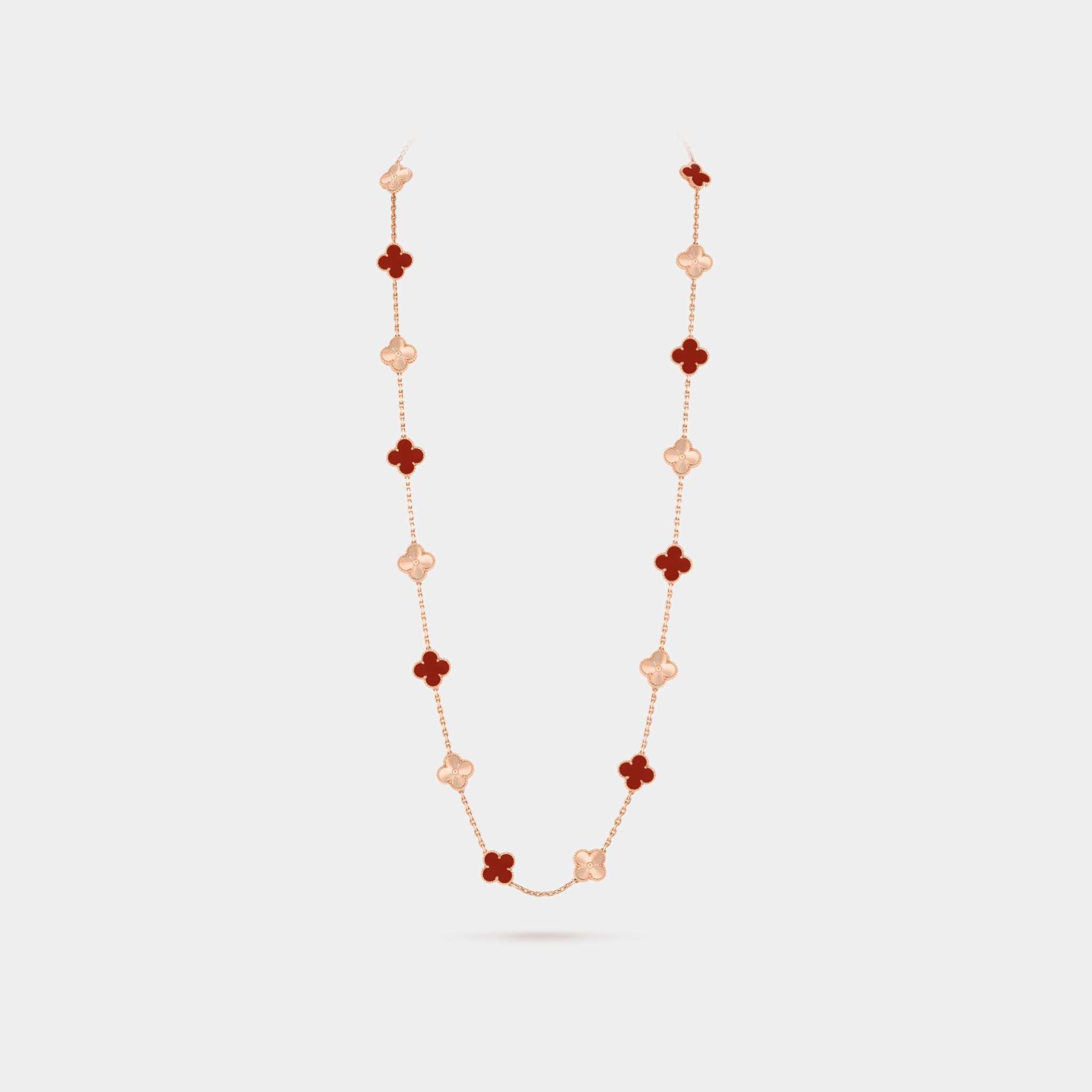 Vintage Alhambra Long Necklace 20 Motifs Rose Gold Carnelian