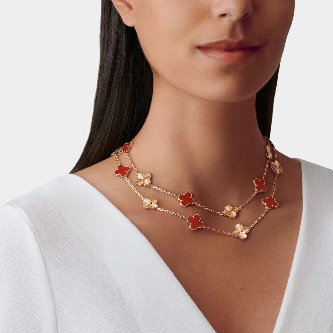 Vintage Alhambra Long Necklace 20 Motifs Rose Gold Carnelian
