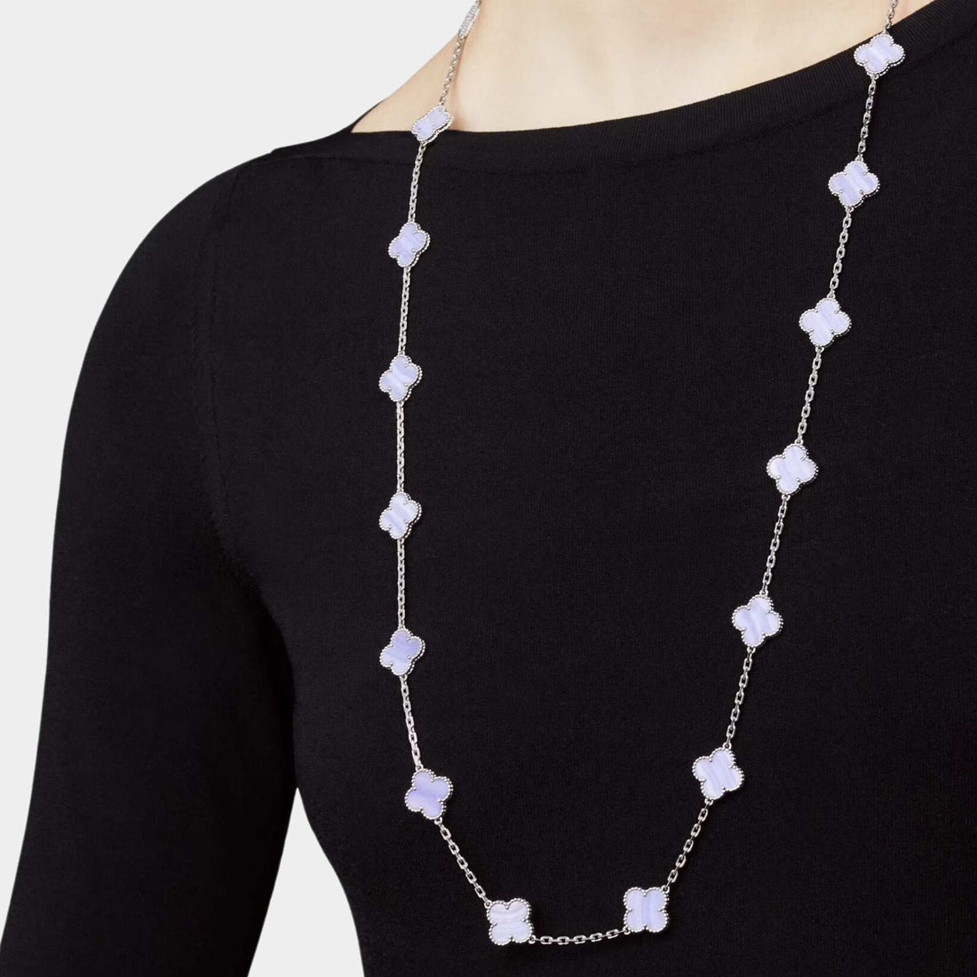 Vintage Alhambra Long Necklace 20 Motifs White Gold Chalcedony