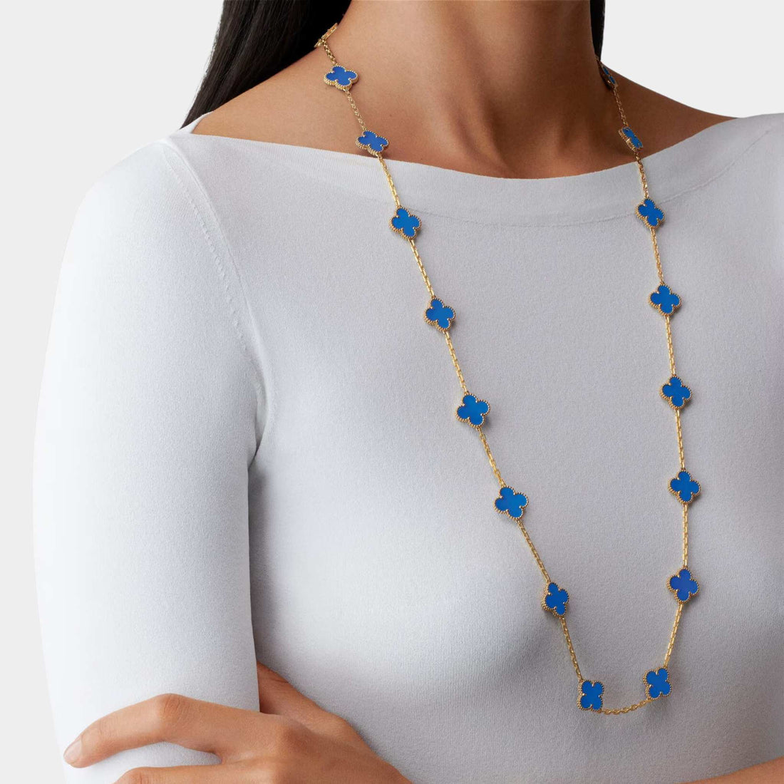 Vintage Alhambra Long Necklace 20 Motifs Yellow Gold Agate