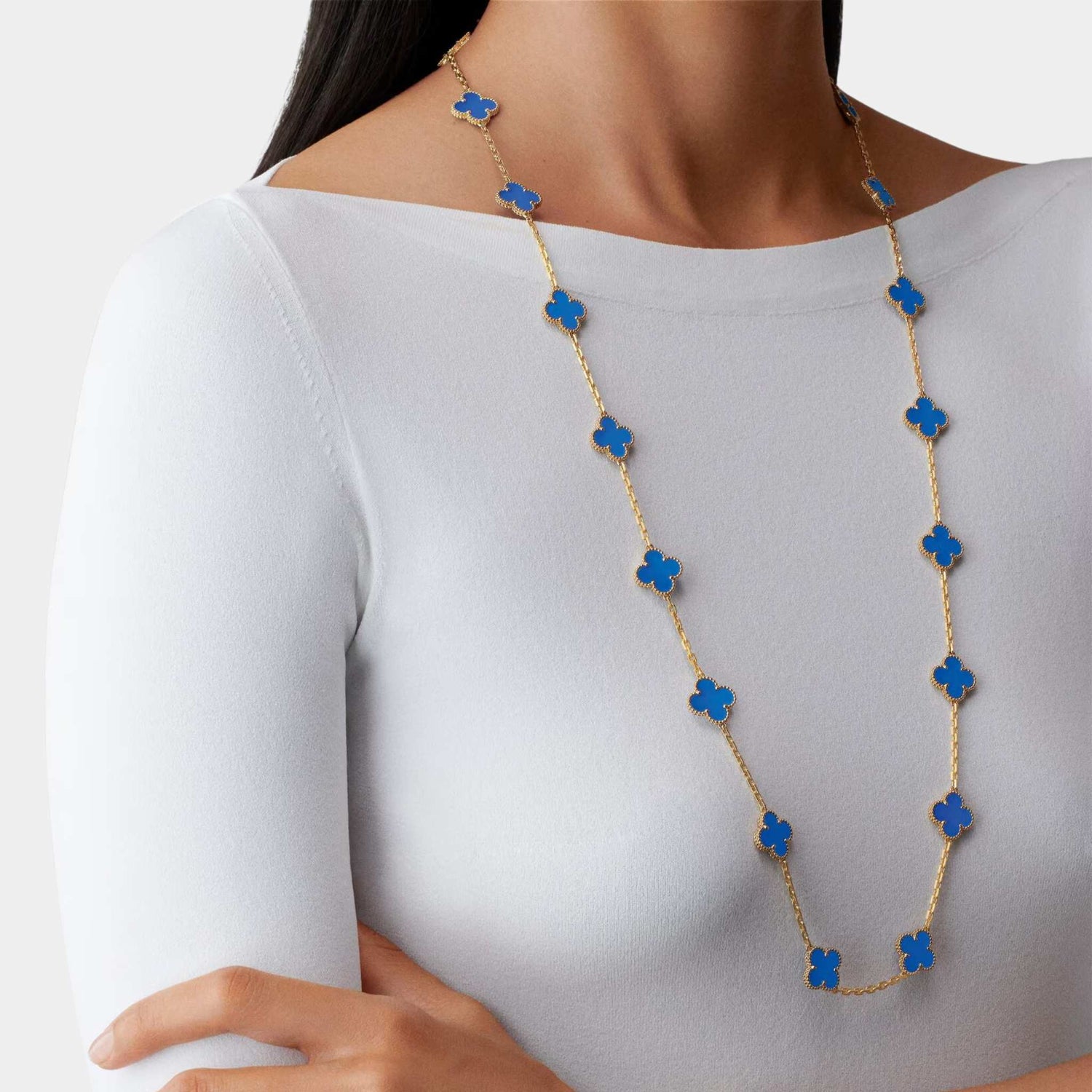 Vintage Alhambra Long Necklace 20 Motifs Yellow Gold Agate