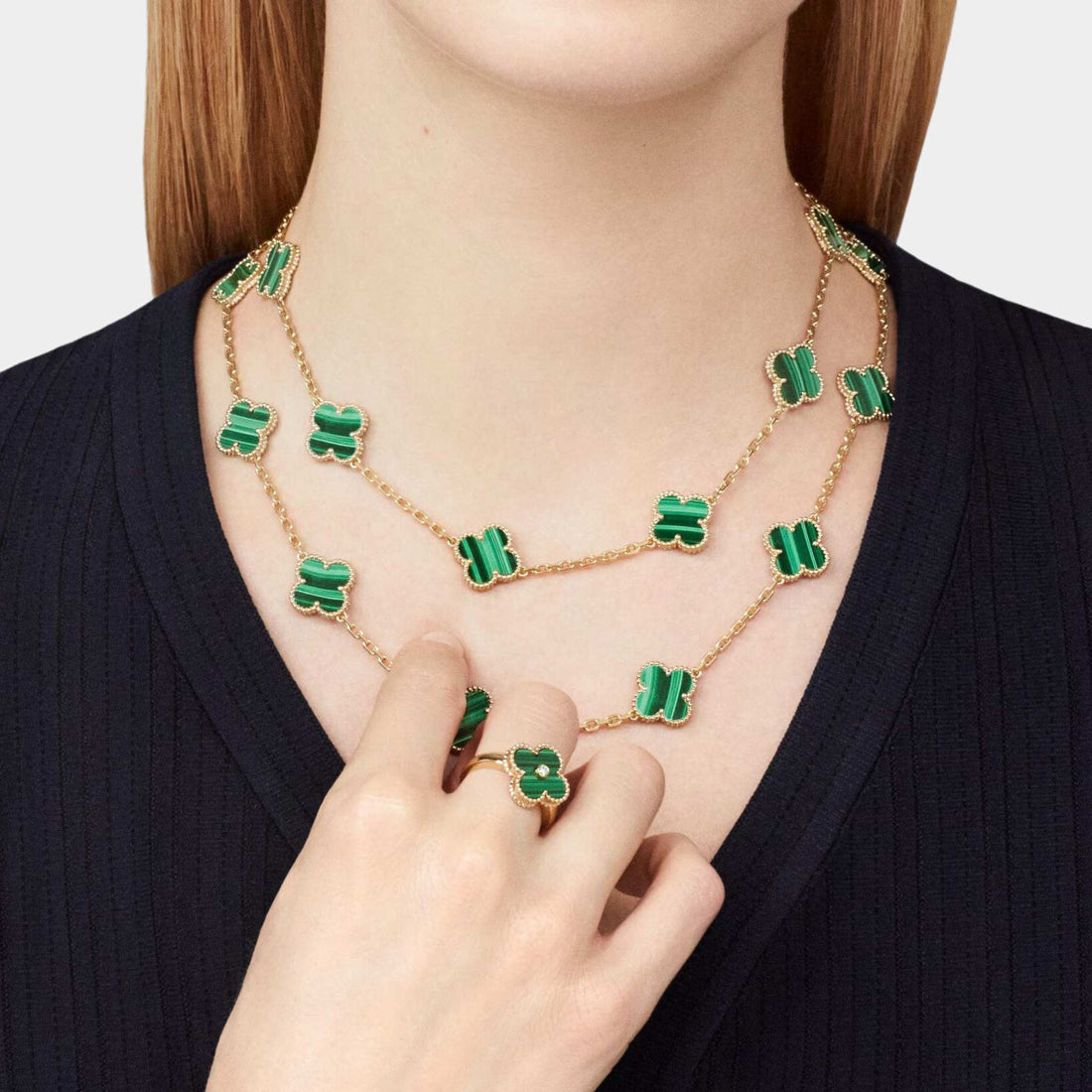 Vintage Alhambra Long Necklace 20 Motifs Yellow Gold Malachite