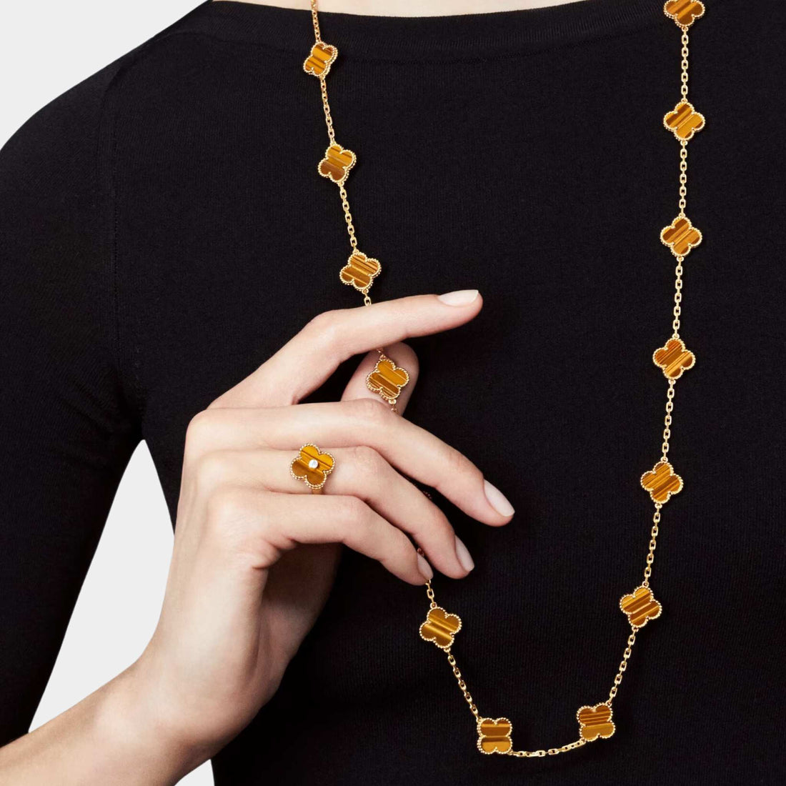 Vintage Alhambra Long Necklace 20 Motifs Yellow Gold Tiger Eye