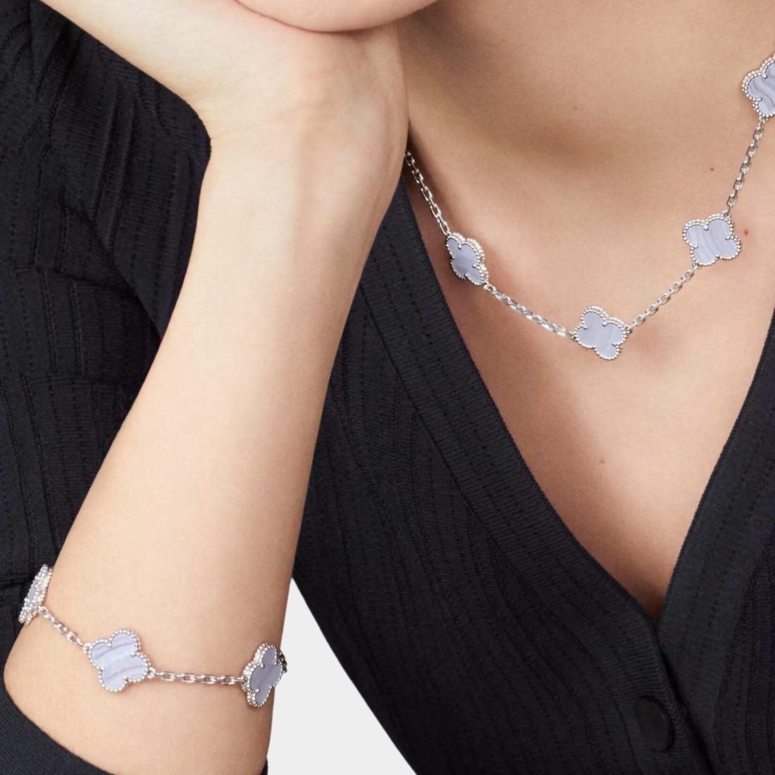 Vintage Alhambra Necklace 10 Motifs White Gold Chalcedony