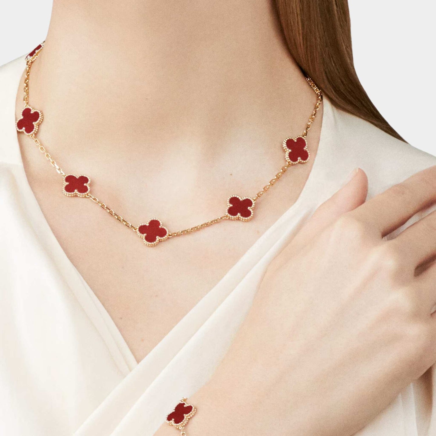 Vintage Alhambra Necklace 10 Motifs Yellow Gold Carnelian